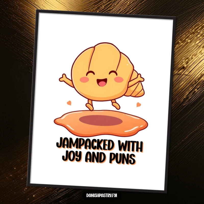 Funny free printable wall art of a smiling croissant with legs leaping joyfully over a puddle of jam, whimsical decor.