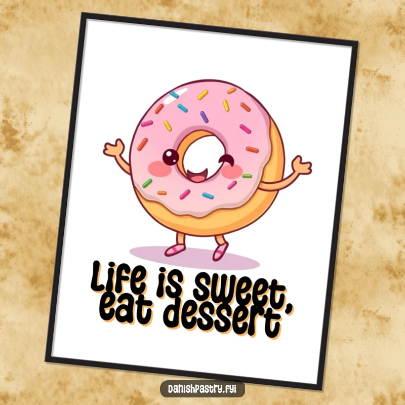 Funny free printable wall art of a cheerful donut dancing with a ribbon of frosting and sprinkles, sweet decor.