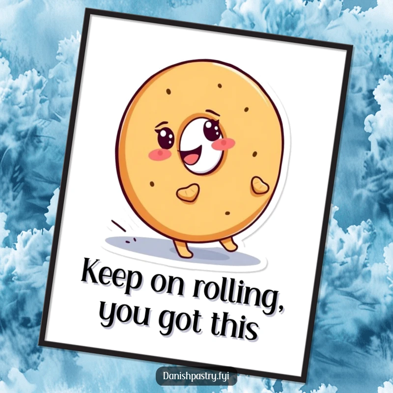 Funny Free Printable Wall Art: Smiling bagel character waddling determinedly uphill, a humorous symbol of perseverance and effort.