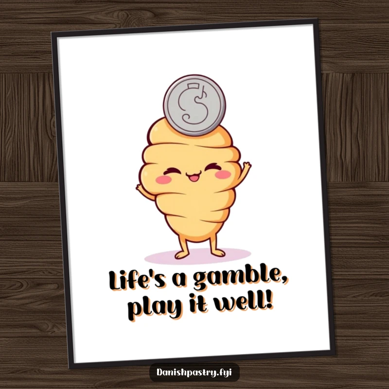 Funny Free Printable Croissant Wall Art of a mischievous croissant character flipping a coin, perfect for a playful DIY decor gift.
