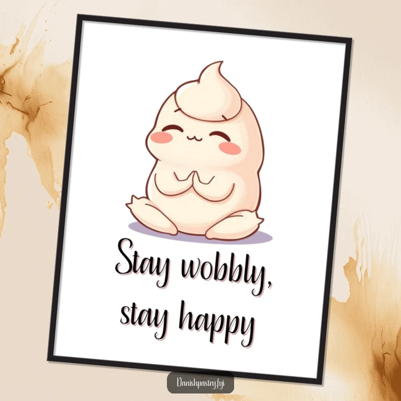 Funny Free Printable Wall Art depicting a wobbly panna cotta focused on a silly, challenging yoga pose.