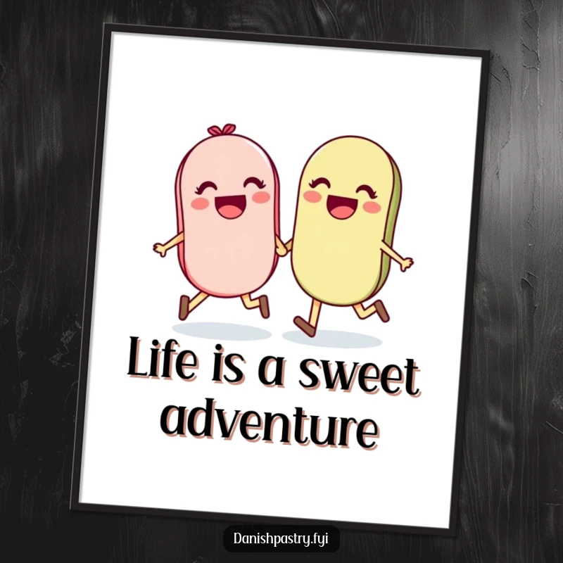 Funny Free Printable Wall Art of a delighted macaron pair holding hands and skipping, adding a touch of sweetness.