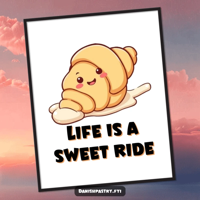 Funny Free Printable Wall Art of a smiling croissant character enjoying a playful slide down a sugary streak of icing.