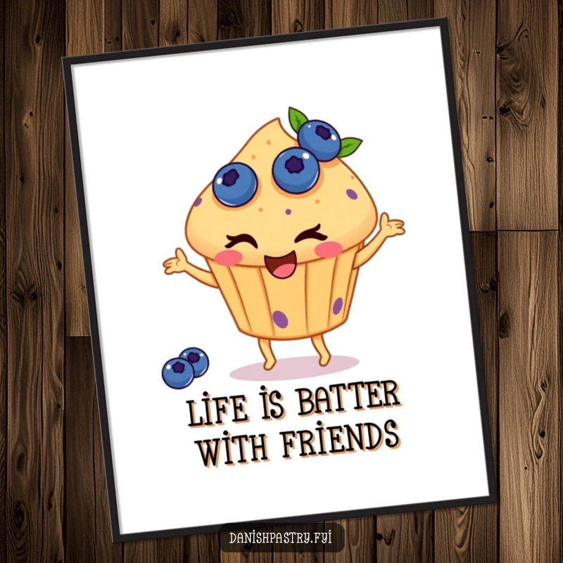 Funny Free Printable Wall Art: A blueberry-studded muffin winks playfully as it performs an energetic happy dance, full of life.