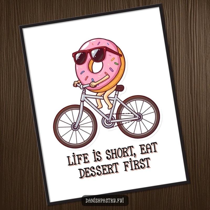 Funny Free Printable Wall Art: A donut wearing sunglasses rides a whimsical icing streak bicycle.
