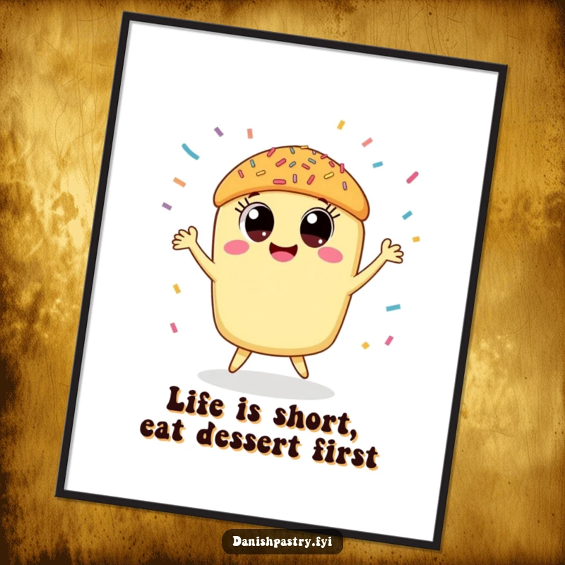 Funny Free Printable Wall Art: A smiling pastry with big eyes joyfully dancing as a cascade of colorful sprinkles rains down.