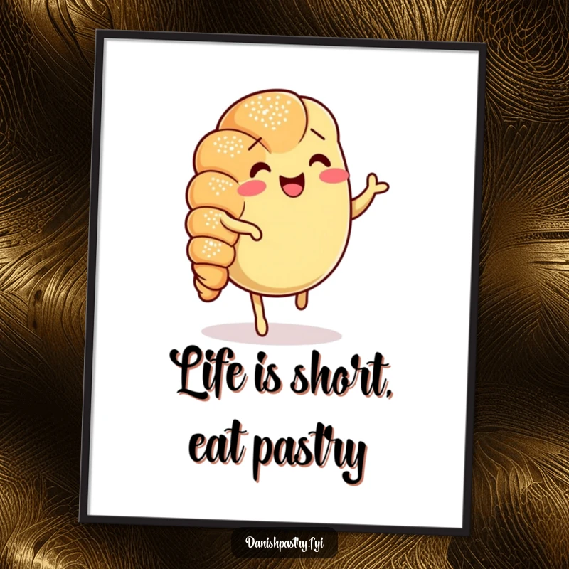 Funny Free Printable Wall Art: A cheerful croissant with powdered sugar dusting doing a lively jig, bringing playful energy.