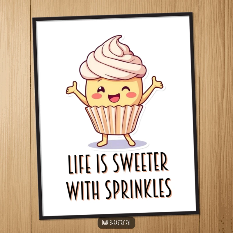 Funny Free Printable Wall Art: A delighted cupcake with swirls of frosting dances ecstatically, a vibrant piece.