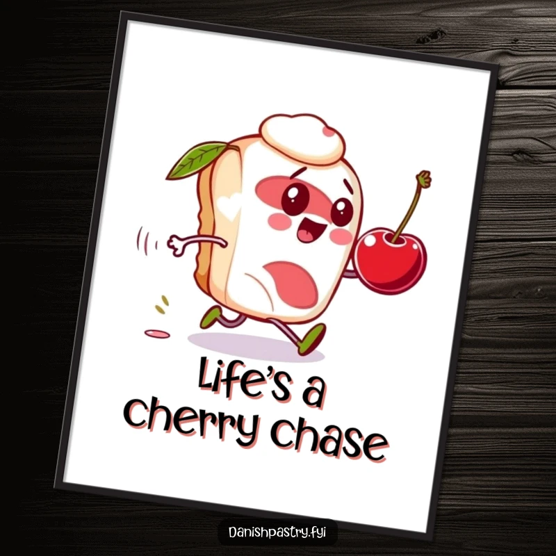 Funny Free Printable Wall Art: Danish pastry character comically chasing a rolling cherry, a delightful and quirky download.