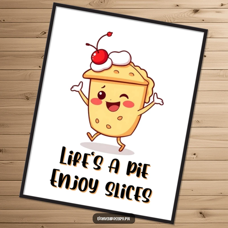 Funny Free Printable Wall Art: A joyful pie character with a cherry on top engaged in a vibrant, silly dance move.