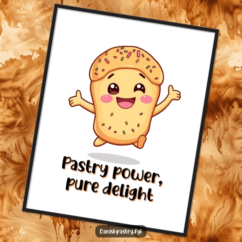 Funny Free Printable Wall Art: A smiling Danish pastry adorned with colorful sprinkles leaps joyfully, radiating happiness.