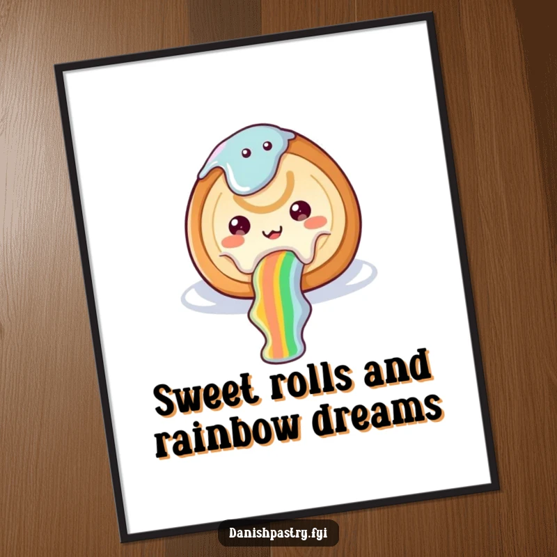 Funny free printable wall art of a cheerful cinnamon roll with icing sliding down a rainbow, adding sweet decor.