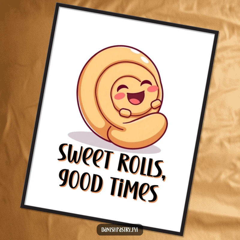 Funny Free Printable Wall Art: A happy cinnamon roll laughs heartily while playfully rolling down a gentle incline, full of joy.
