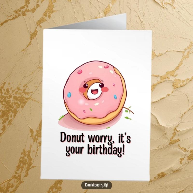 Funny free printable birthday card featuring a smiling donut joyfully rolling down a grassy hill, spreading cheer.