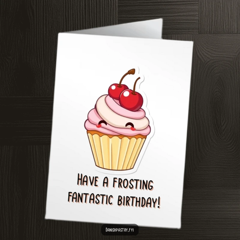 Funny Free Printable Birthday Card featuring a delighted cupcake with frosting enthusiastically bouncing a large cherry.