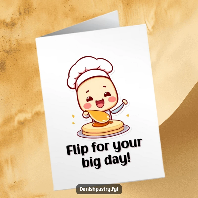 Funny free printable birthday card featuring a Danish pastry character in a chef hat excitedly flipping a pancake.