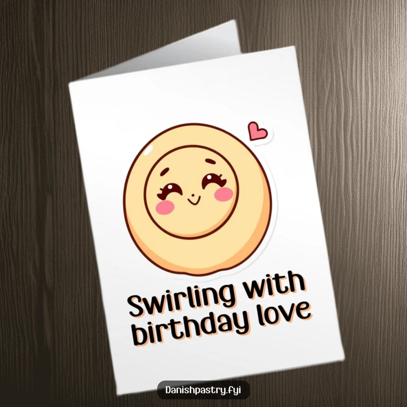 Funny Free Printable Birthday Card: Cinnamon roll character with a happy swirl on its icing, blowing a sweet kiss with affection.