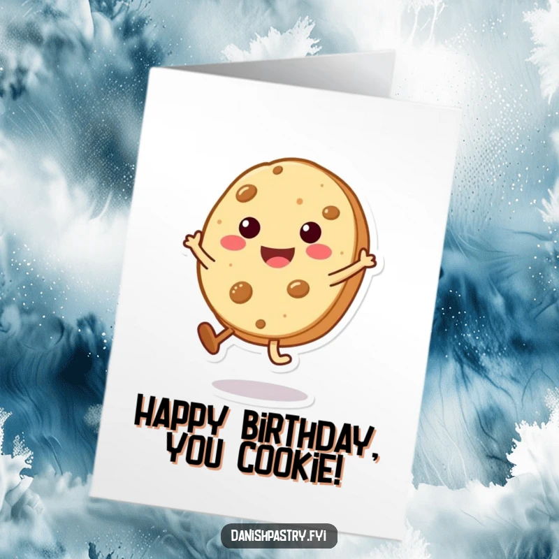 Funny free printable birthday card featuring a smiling cookie character doing a cheerful, tiny cartwheel.