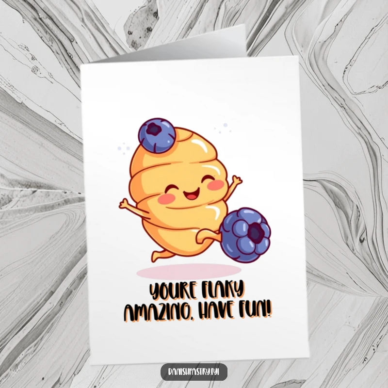 Funny Free Printable Birthday Card: A smiling croissant with tiny legs joyfully kicks a blueberry in celebration.