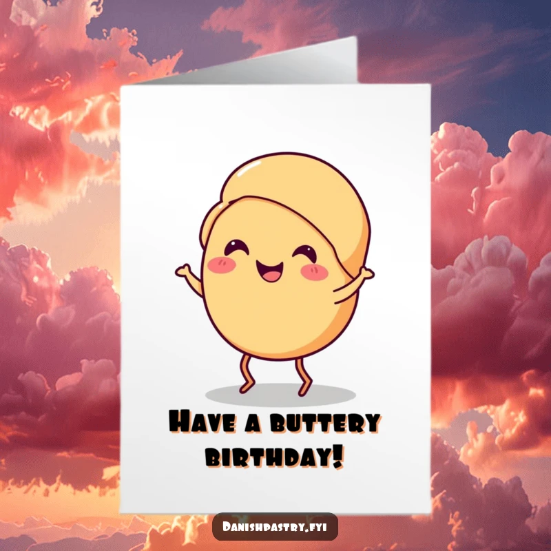 Funny Free Printable Birthday Card: A smiling croissant with tiny legs performs a cheerful jig, perfect for a DIY celebration.