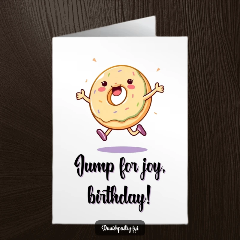 Funny Free Printable Birthday Card: A jubilant jelly donut leaps with joy, leaving a trail of sprinkles behind.