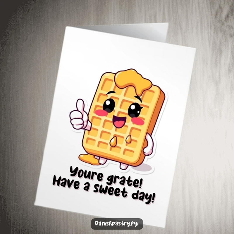 Funny Free Printable Birthday Card: Happy Waffle with syrup dripping, giving a big thumbs-up.