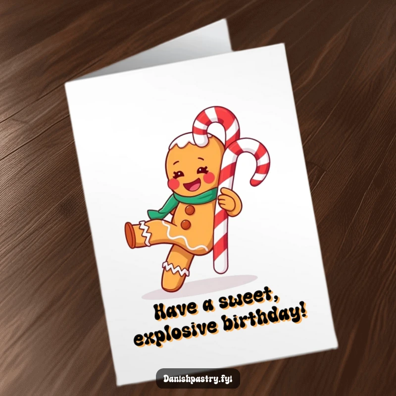 Funny Free Printable Birthday Card: Gingerbread Man Kicking Candy Cane, Joyful & Energetic DIY Gift