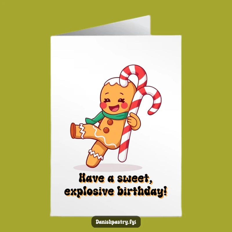 Free Printable Birthday Card: Gingerbread Man Kicking Candy Cane, A Fun Downloadable Gift