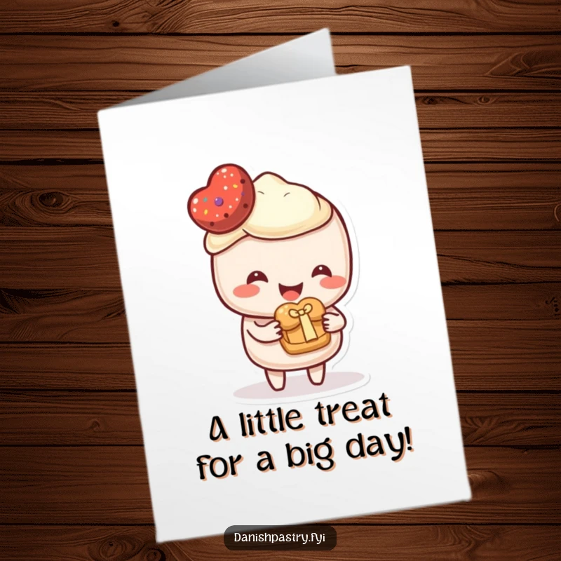 Funny Free Printable Birthday Card shows a happy pastry character presenting a miniature pastry as a thoughtful and sweet gift.