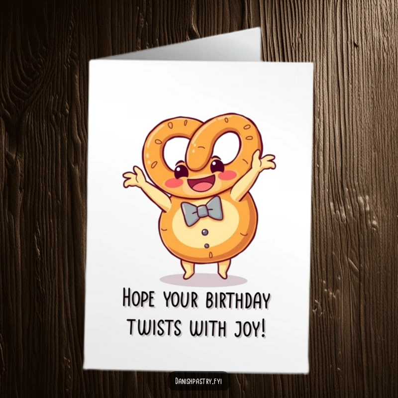 Funny Free Printable Birthday Card of a grinning pretzel in a bow tie doing a playful somersault.