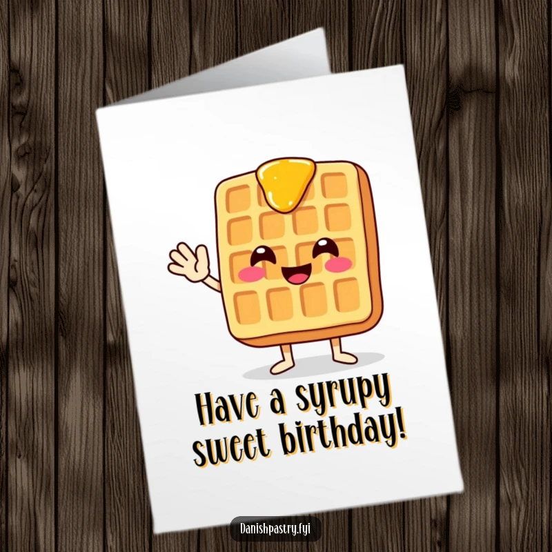 Funny Free Printable Birthday Card featuring a smiling waffle with dripping syrup, waving hello enthusiastically.