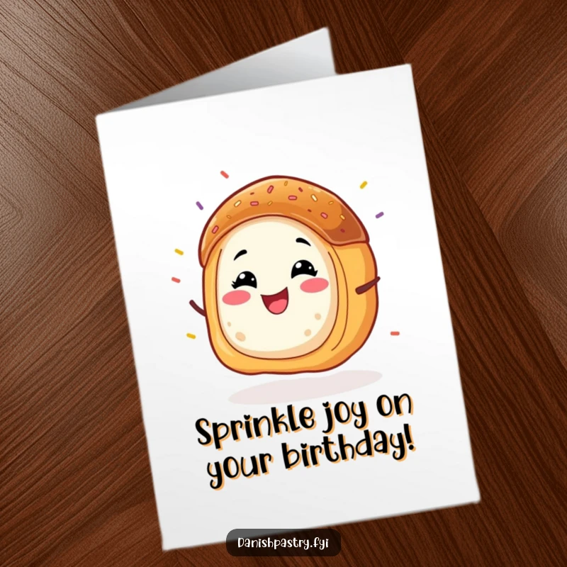 Funny Free Printable Birthday Card: Grinning Danish pastry character doing an energetic wiggle with sprinkles flying, ready to party.