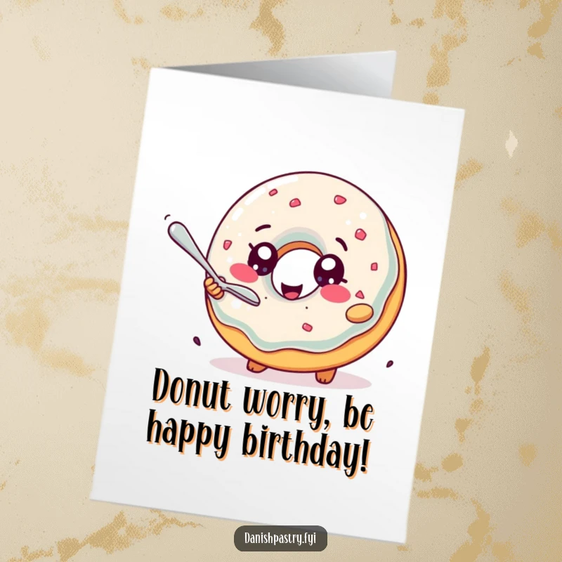 Funny Free Printable Birthday Card featuring a delighted jelly donut joyfully chasing a tiny spoon with sparkling eyes.