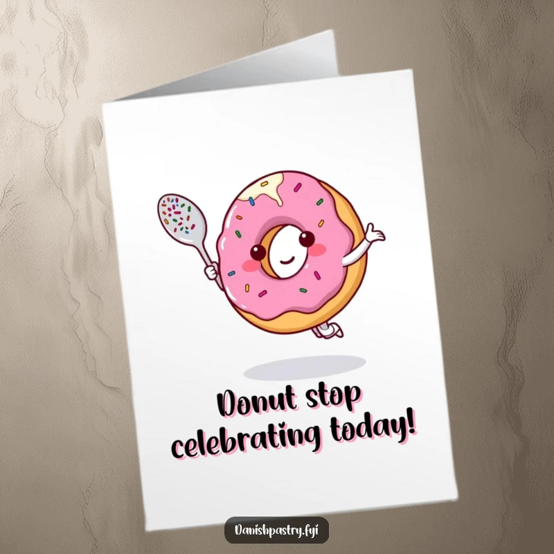 Funny Free Printable Birthday Card featuring a smiling donut dancing with a sprinkle spoon, a delightful DIY gift.