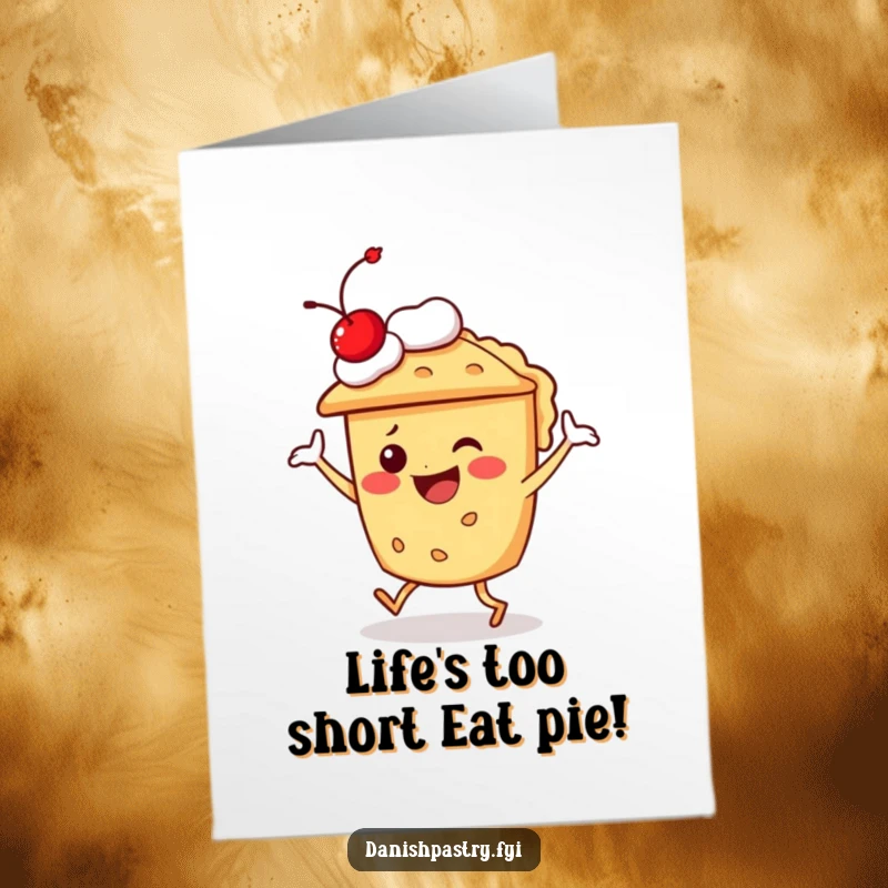 Funny Free Printable Birthday Card: A pie character with a cherry on top doing a hilarious dance, radiating pure birthday joy.