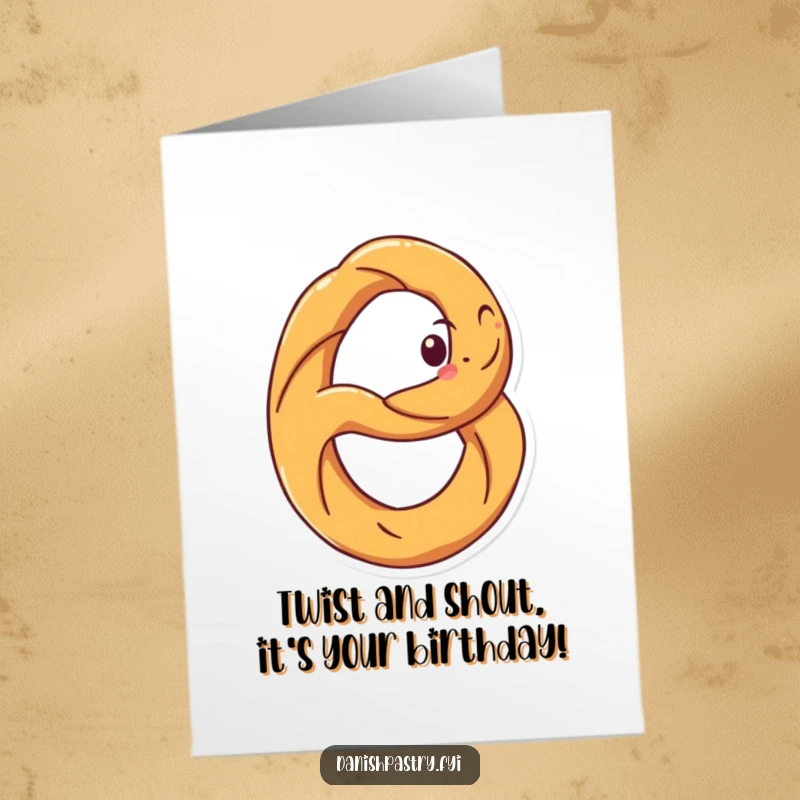 Funny free printable birthday card of a happy pretzel with a grin, spinning joyfully on its loops.