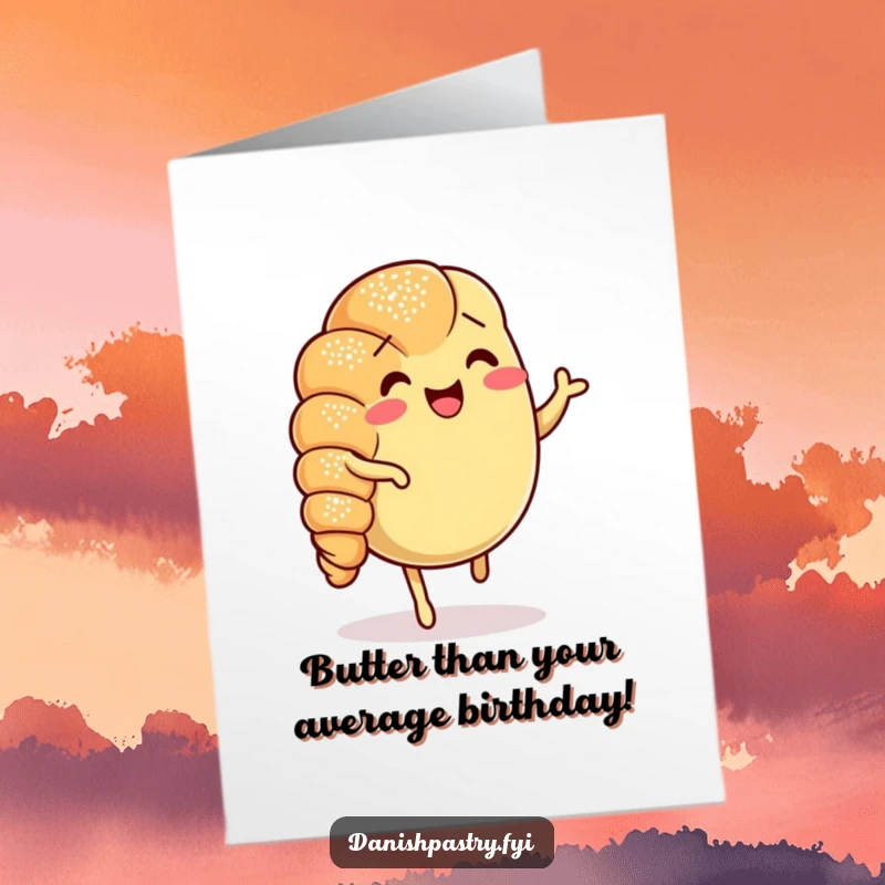 Funny Free Printable Birthday Card: A happy croissant with powdered sugar does a joyful jig dance, full of birthday cheer.