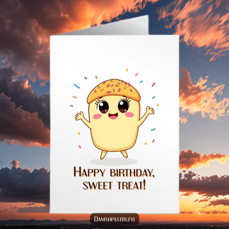 Funny Free Printable Birthday Card: A smiling pastry with big eyes doing a happy dance as colorful sprinkles rain down joyfully.
