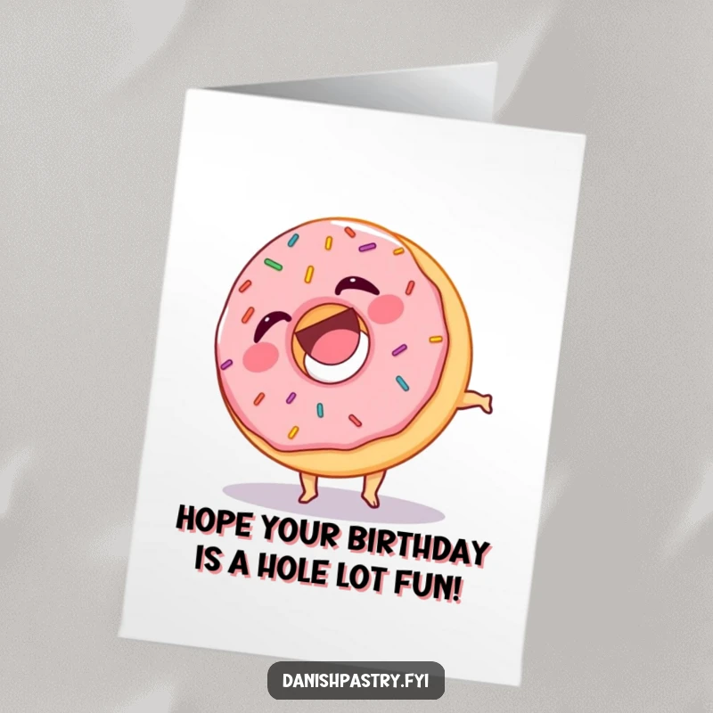 Funny Free Printable Birthday Card featuring a laughing donut with sprinkles mid-somersault, guaranteed to bring birthday cheer.