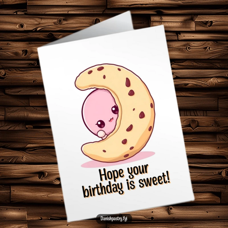 Funny Free Printable Birthday Card: A cute macaroon peeking curiously from behind a large cookie with a playful expression.