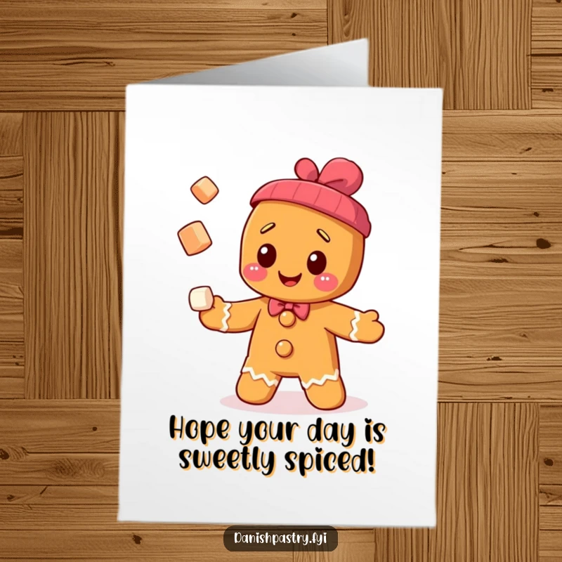 Funny free printable birthday card showing a cheerful gingerbread man expertly juggling small, sparkling sugar cubes.