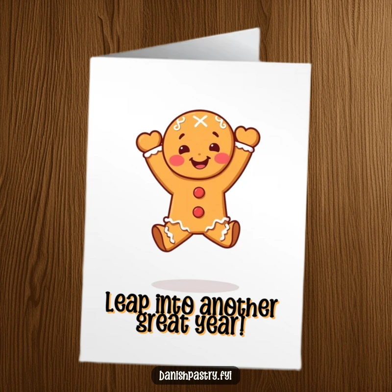 Funny Free Printable Birthday Card: A gingerbread person character performing an energetic celebratory leap with a huge smile.
