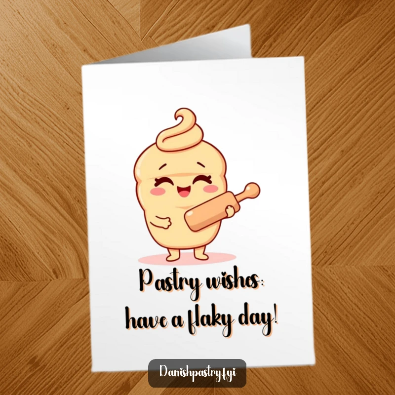 Funny Free Printable Birthday Card featuring a cheerful Danish pastry character winking and holding a rolling pin, ready to bake some fun.