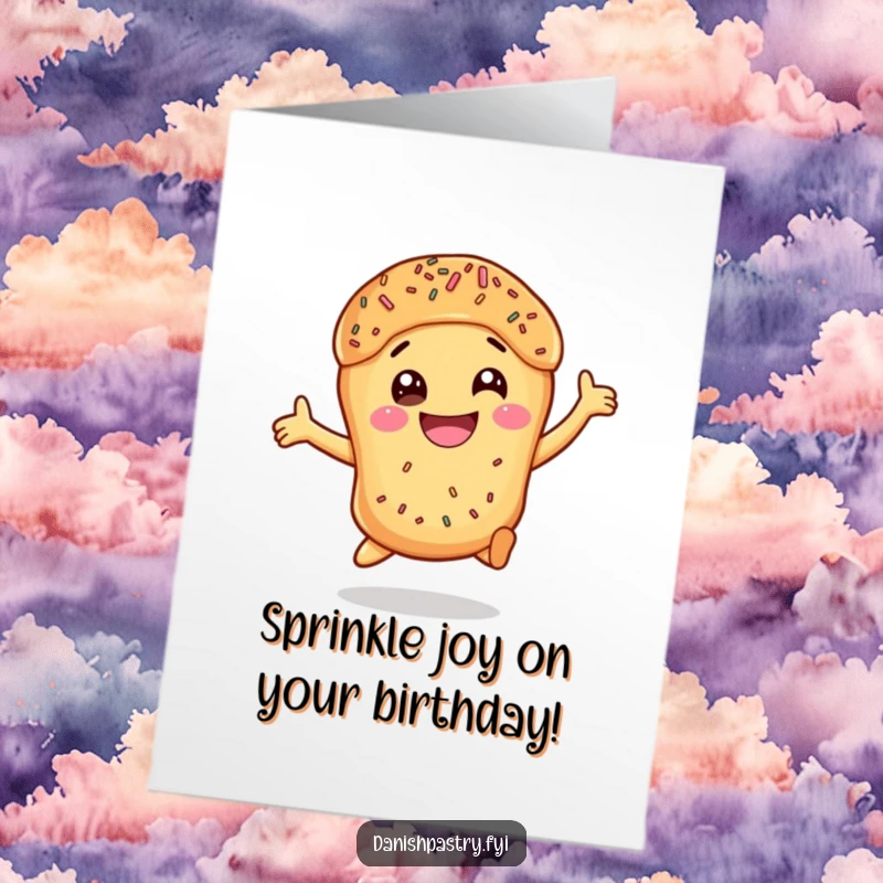 Funny Free Printable Birthday Card: A smiling Danish pastry covered in sprinkles leaps with pure, unadulterated excitement.