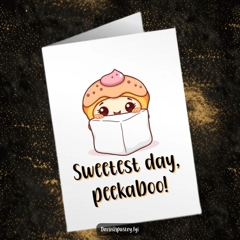 Funny Free Printable Birthday Card: Danish Pastry Peeking Behind Sugar Cube, Sweet & Curious DIY Gift