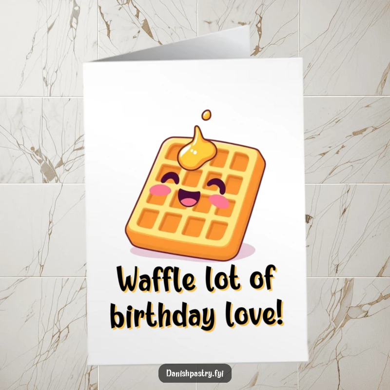 Funny free printable birthday card of a delighted waffle with syrup grinning upside down, full of birthday cheer.