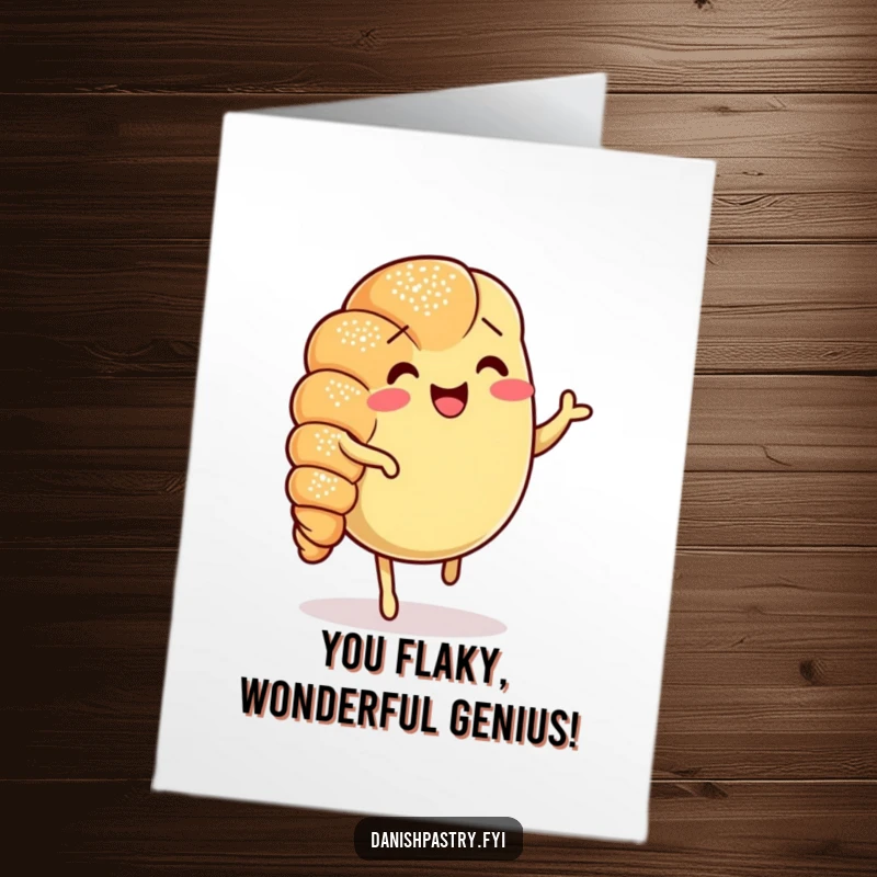 Free Printable Congratulations Card: A cheerful croissant doing a jig, dusted with sugar, celebrating success with a fun dance.