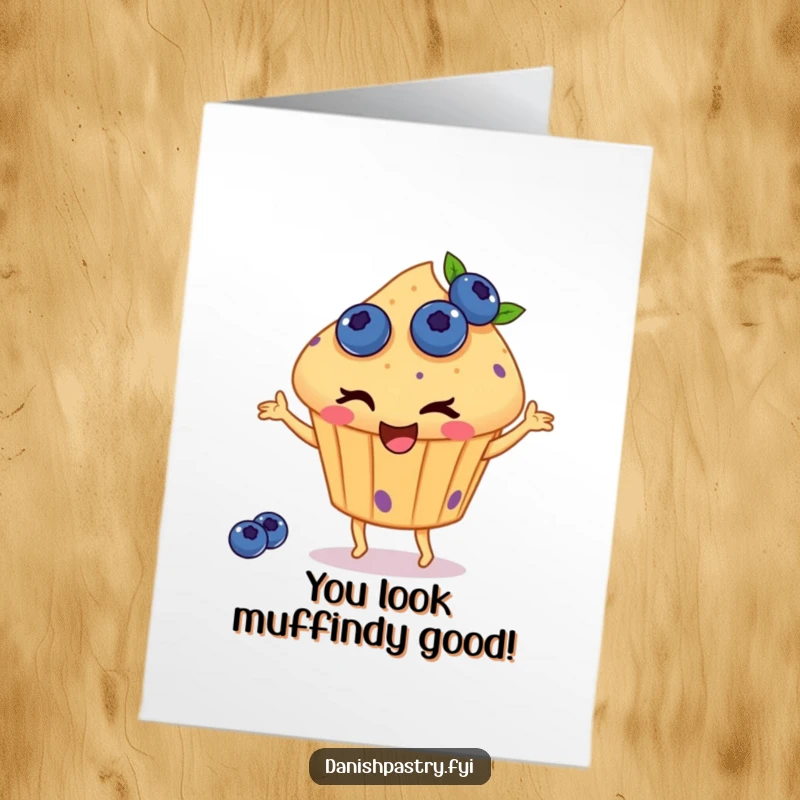 Funny Free Printable Congratulations Card: A blueberry muffin winks and dances happily, celebrating achievements with infectious glee.