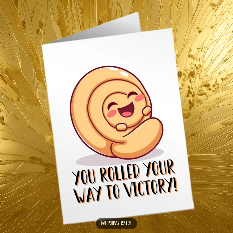 Free Printable Congratulations Card: A laughing cinnamon roll tumbles playfully down a hill, celebrating good news with glee.