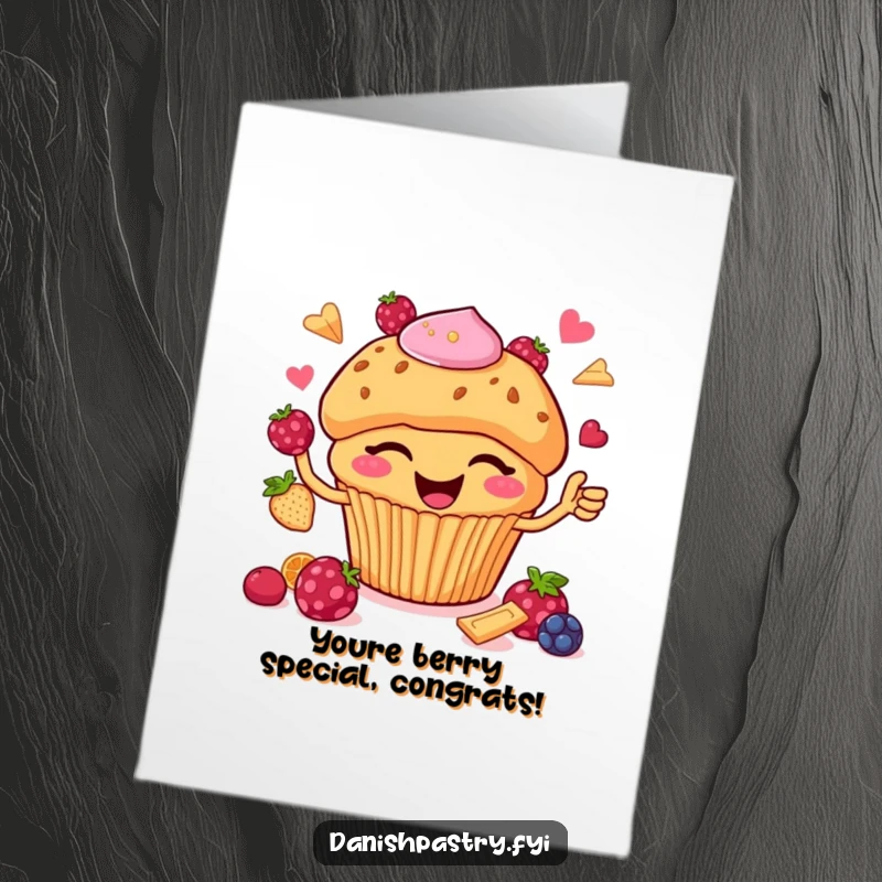 Funny Free Printable Congratulations Card: A cheerful muffin with chips winks while juggling berries, celebrating success.